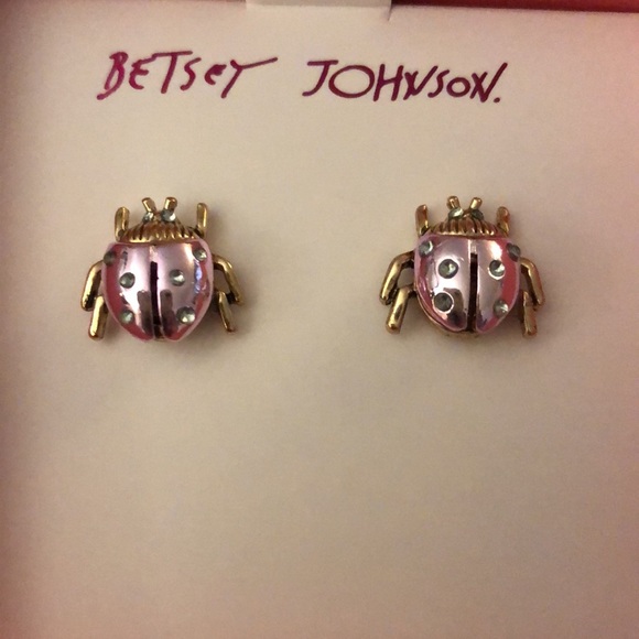 Betsey Johnson Gold Tone & Pastel Purple Ladybug Stud Earrings Crystal Accents - Picture 2 of 12
